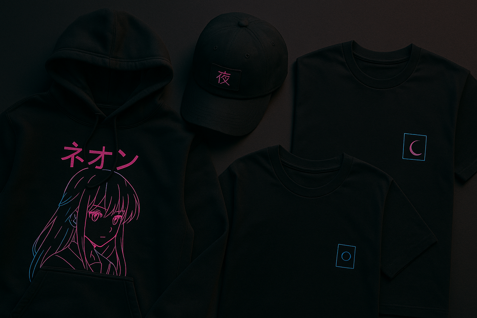Stylish anime streetwear clothing flat lay with hoodies and accessories in dark tones and bold graphic prints