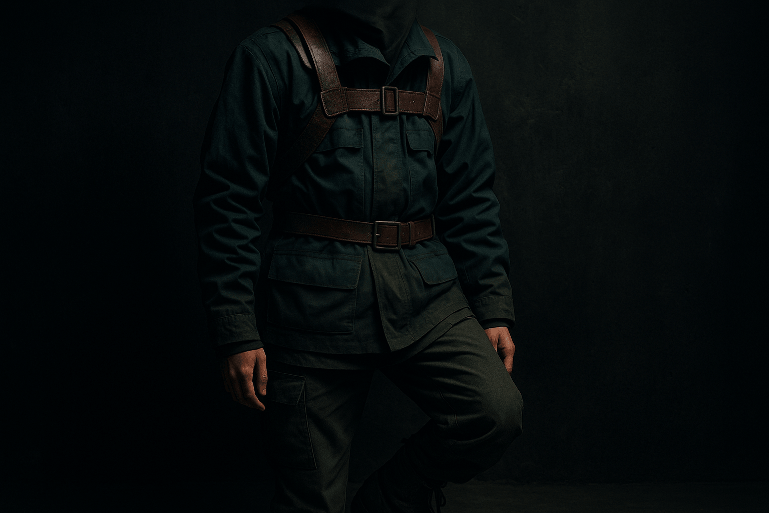 Attack on Titan Survey Corps characters in their layered military uniform with harness and jacket against muted toned background