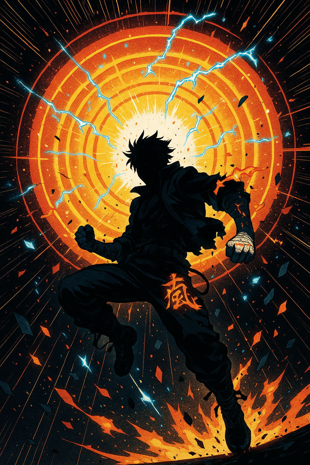Dynamic anime figure in explosive action pose surrounded by energy bursts and speed lines, vibrant neon colors against dark background