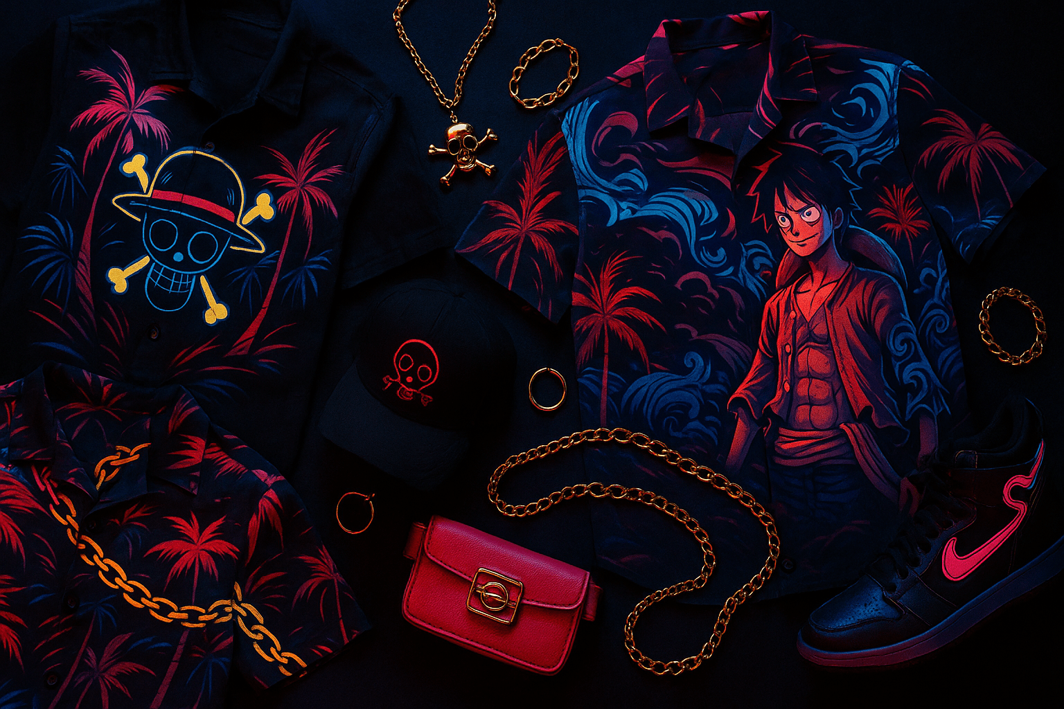 One Piece Straw Hat crew members in their distinctive colorful outfits across different arcs